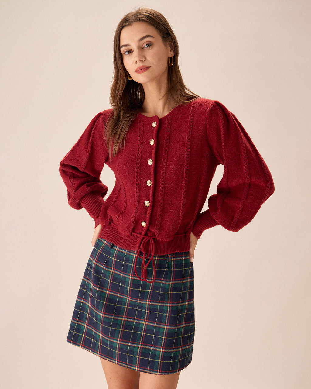 Single-Breasted Cardigan with Red Lantern Sleeves