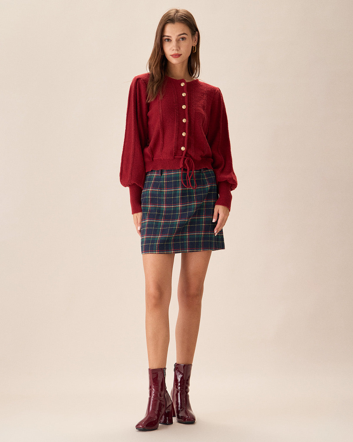 Single-Breasted Cardigan with Red Lantern Sleeves