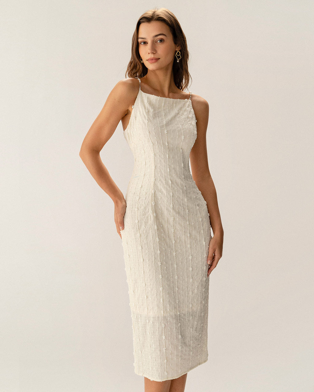 Beige Textured Beaded Midi Dress with Slip Design