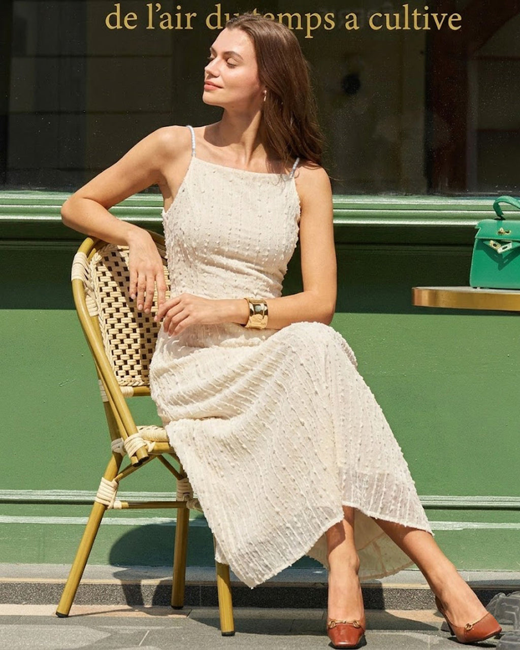 Beige Textured Beaded Midi Dress with Slip Design