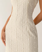 Beige Textured Beaded Midi Dress with Slip Design