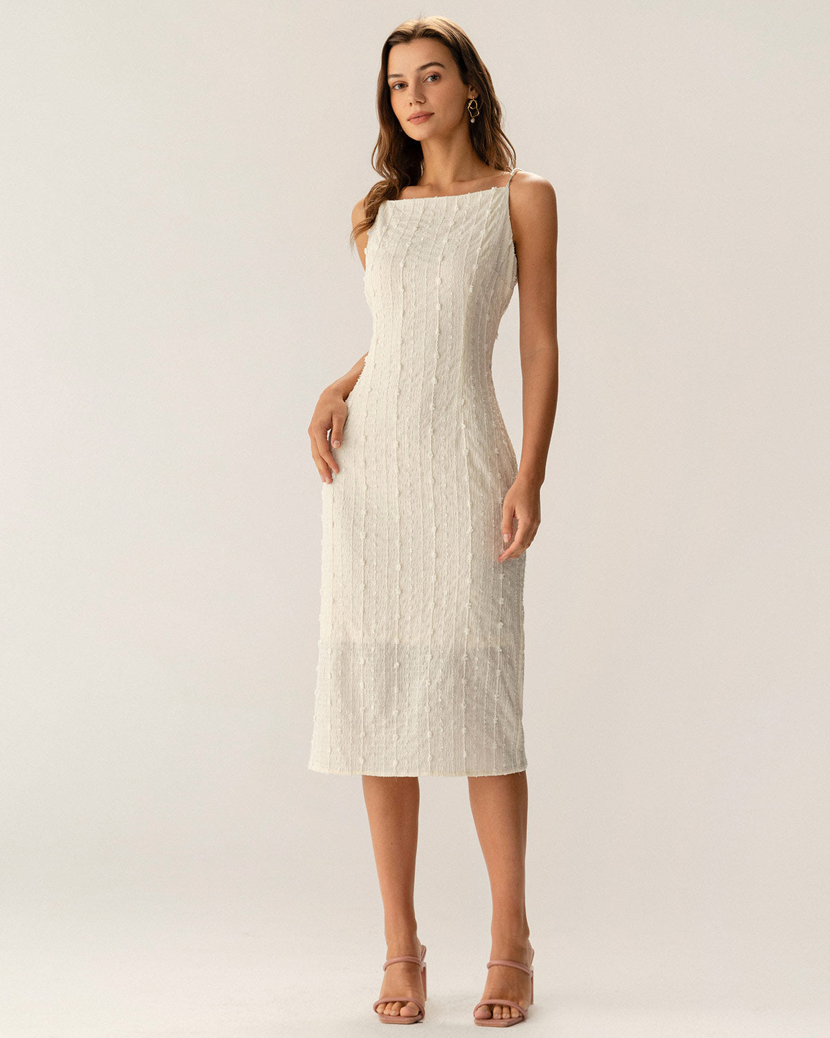Beige Textured Beaded Midi Dress with Slip Design