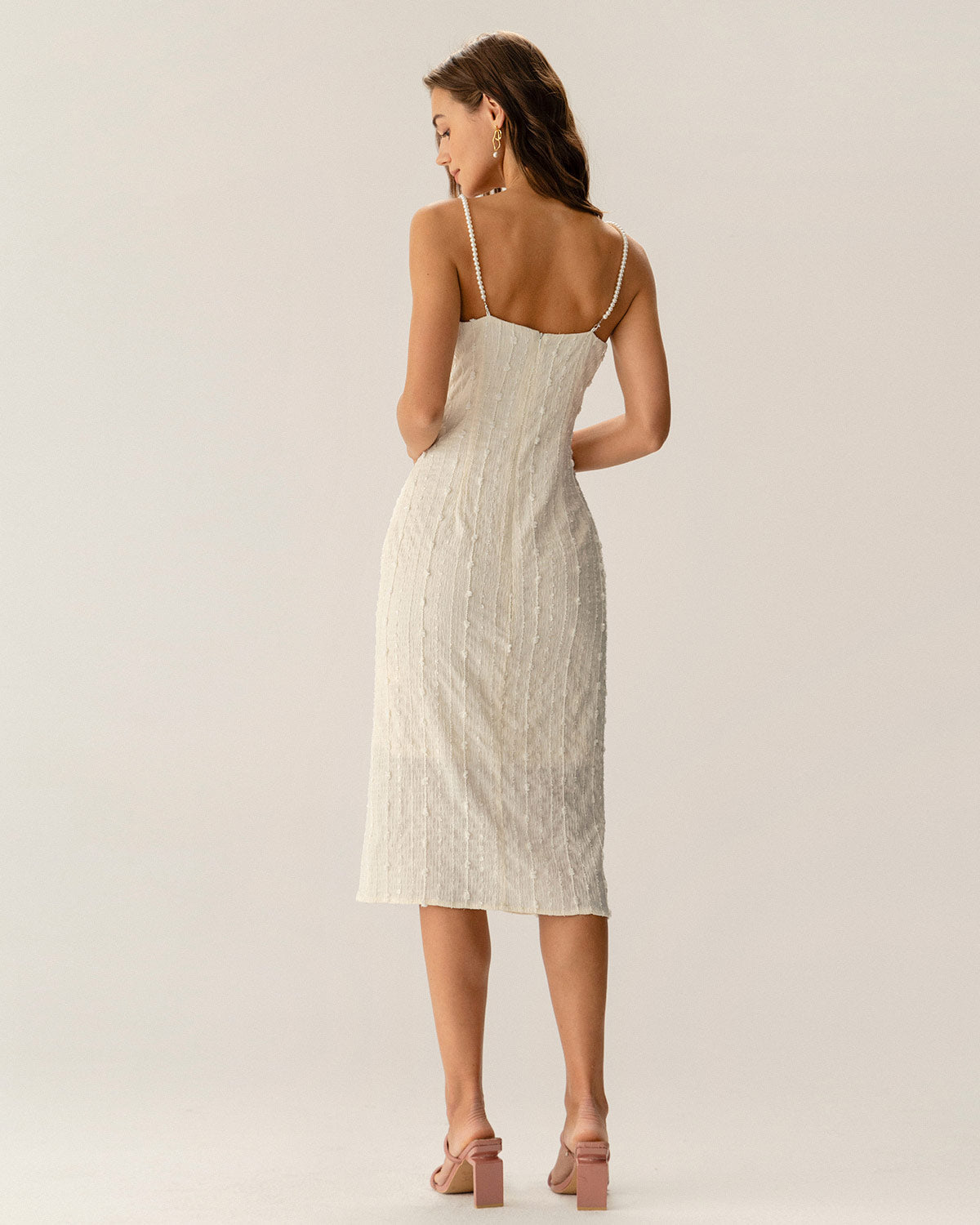 Beige Textured Beaded Midi Dress with Slip Design