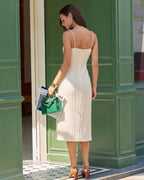 Beige Textured Beaded Midi Dress with Slip Design