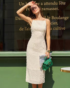 Beige Textured Beaded Midi Dress with Slip Design