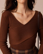 Coffee-Colored Ribbed Knit Fitted T-Shirt