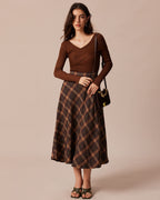 Coffee-Colored Ribbed Knit Fitted T-Shirt