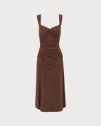 Women's Ruched Knit Midi Dress in Coffee