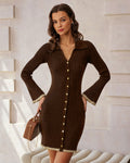 Chocolate Brown Button-Up Bodycon Sweater Dress