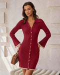Wine Red V-Neck Viscose Mini Dress