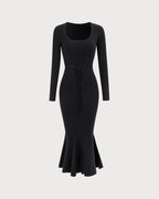 Women's Black Mermaid Maxi Dress with Square Neck Sweater Design