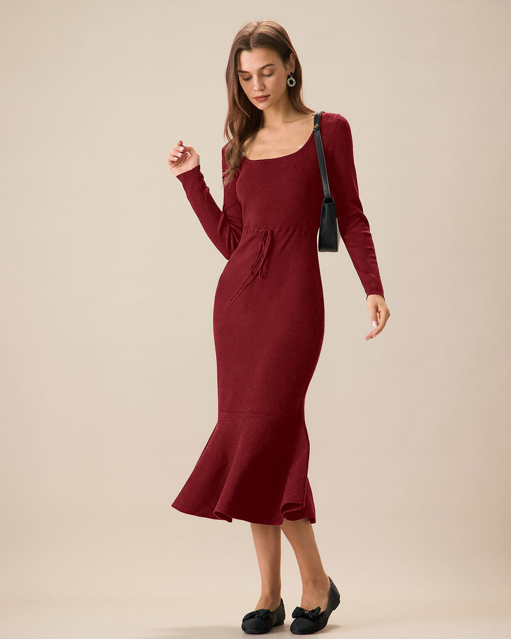 Crimson Mermaid Sweater Dress with Square Neck