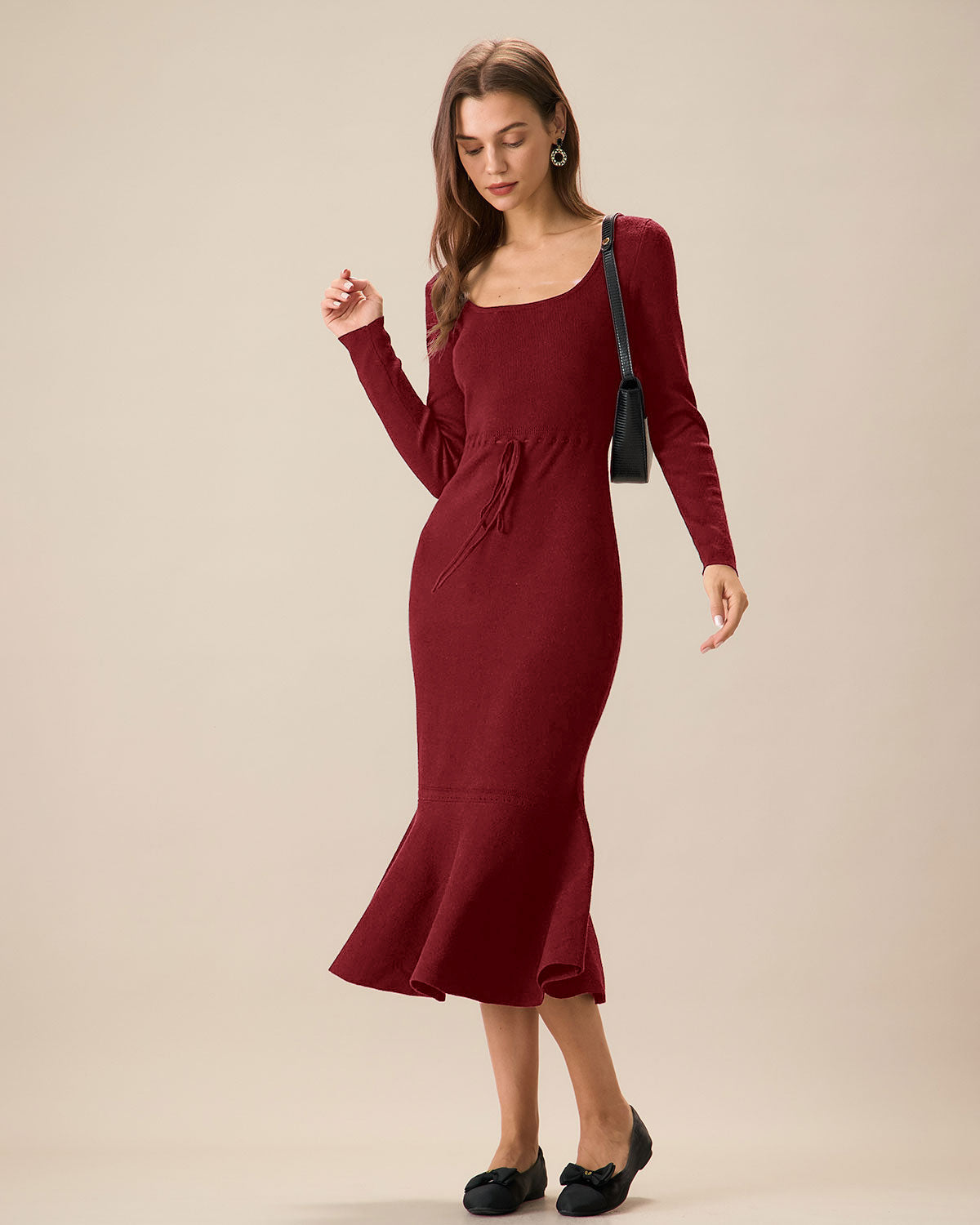Crimson Mermaid Sweater Dress with Square Neck
