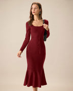 Crimson Mermaid Sweater Dress with Square Neck