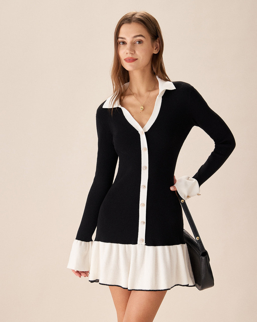 Black Sweater Dress with Contrasting Bell Sleeves