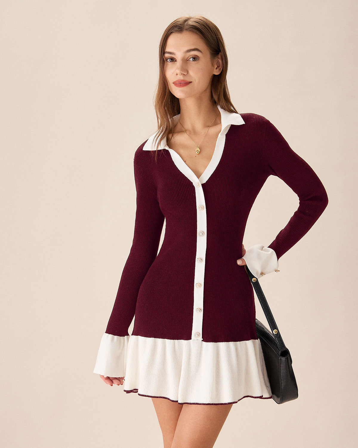 Wine Red Sweater Dress with Contrasting Details