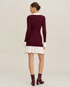 Wine Red Sweater Dress with Contrasting Details