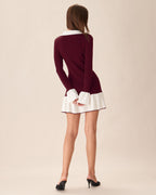 Wine Red Sweater Dress with Contrasting Details