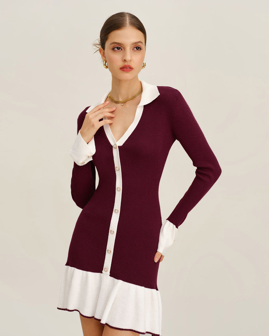 Wine Red Sweater Dress with Contrasting Details