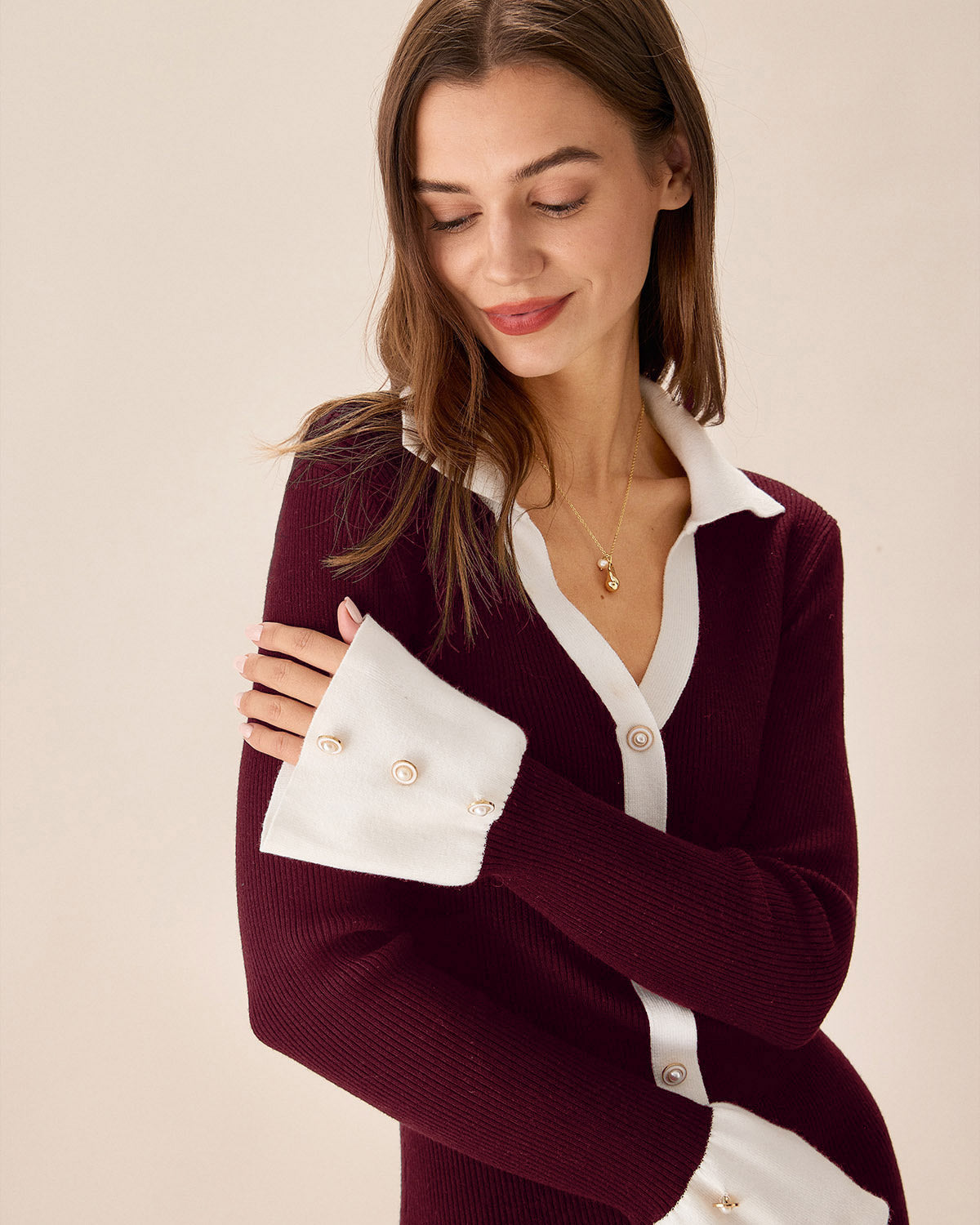 Wine Red Sweater Dress with Contrasting Details