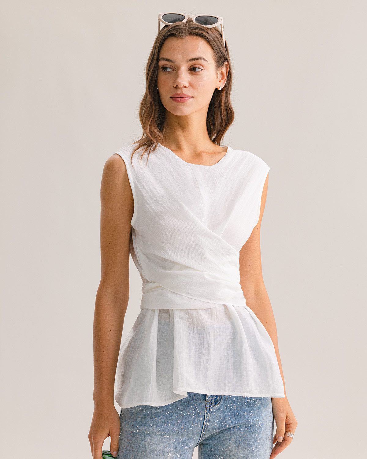 White Round Neck Sleeveless Top