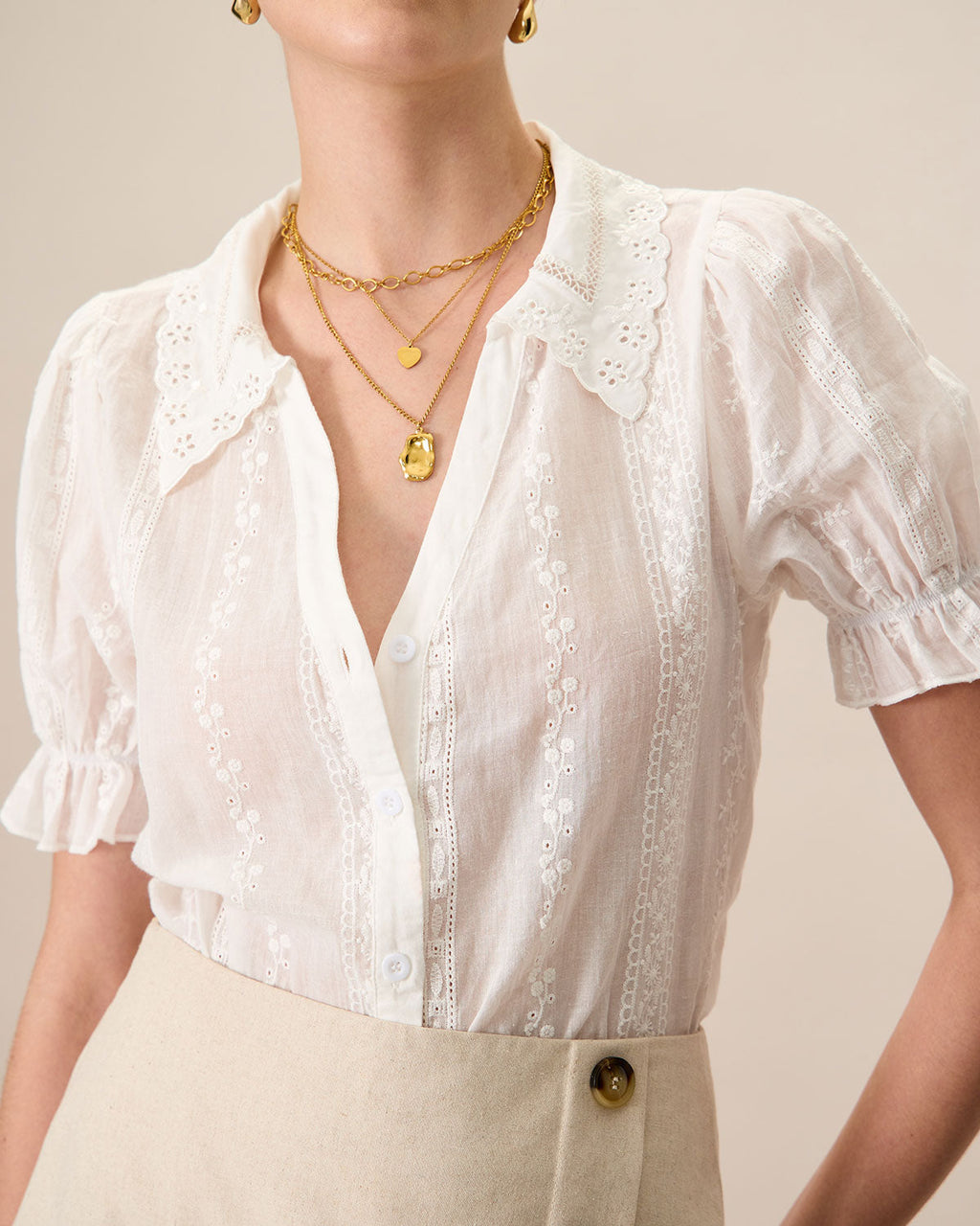 Women's White Cotton Blouse with Lace Embroidery and Collared Design