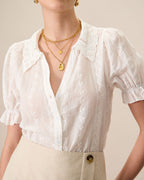 Women's White Cotton Blouse with Lace Embroidery and Collared Design