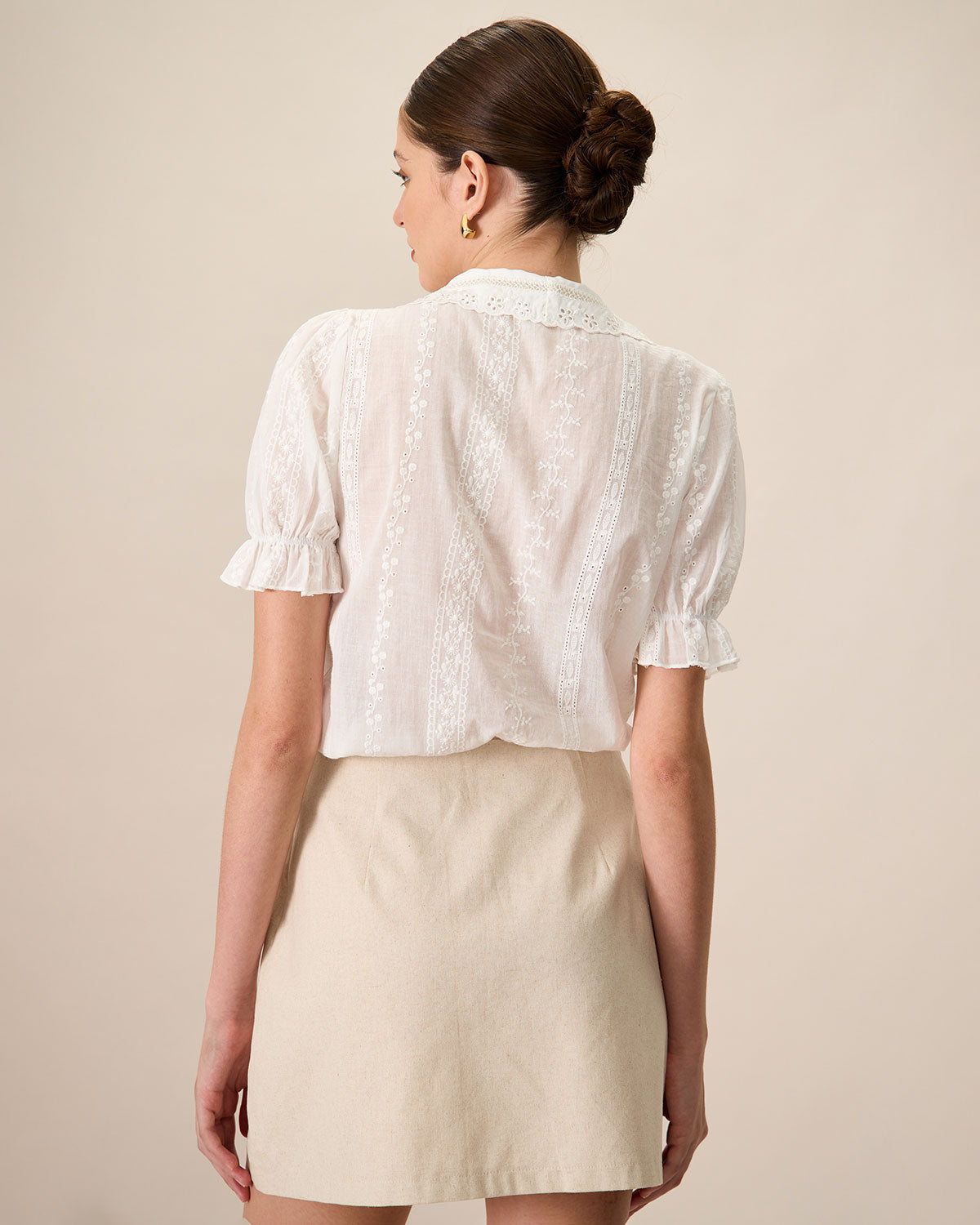 Women's White Cotton Blouse with Lace Embroidery and Collared Design