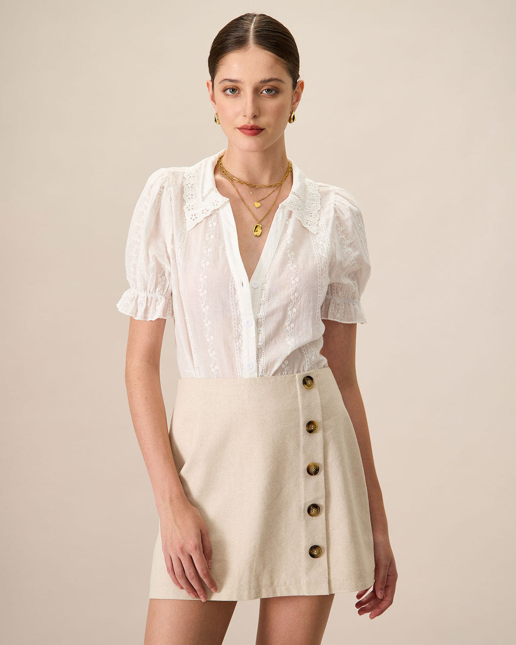 Women's White Cotton Blouse with Lace Embroidery and Collared Design