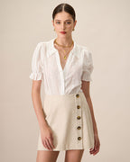 Women's White Cotton Blouse with Lace Embroidery and Collared Design