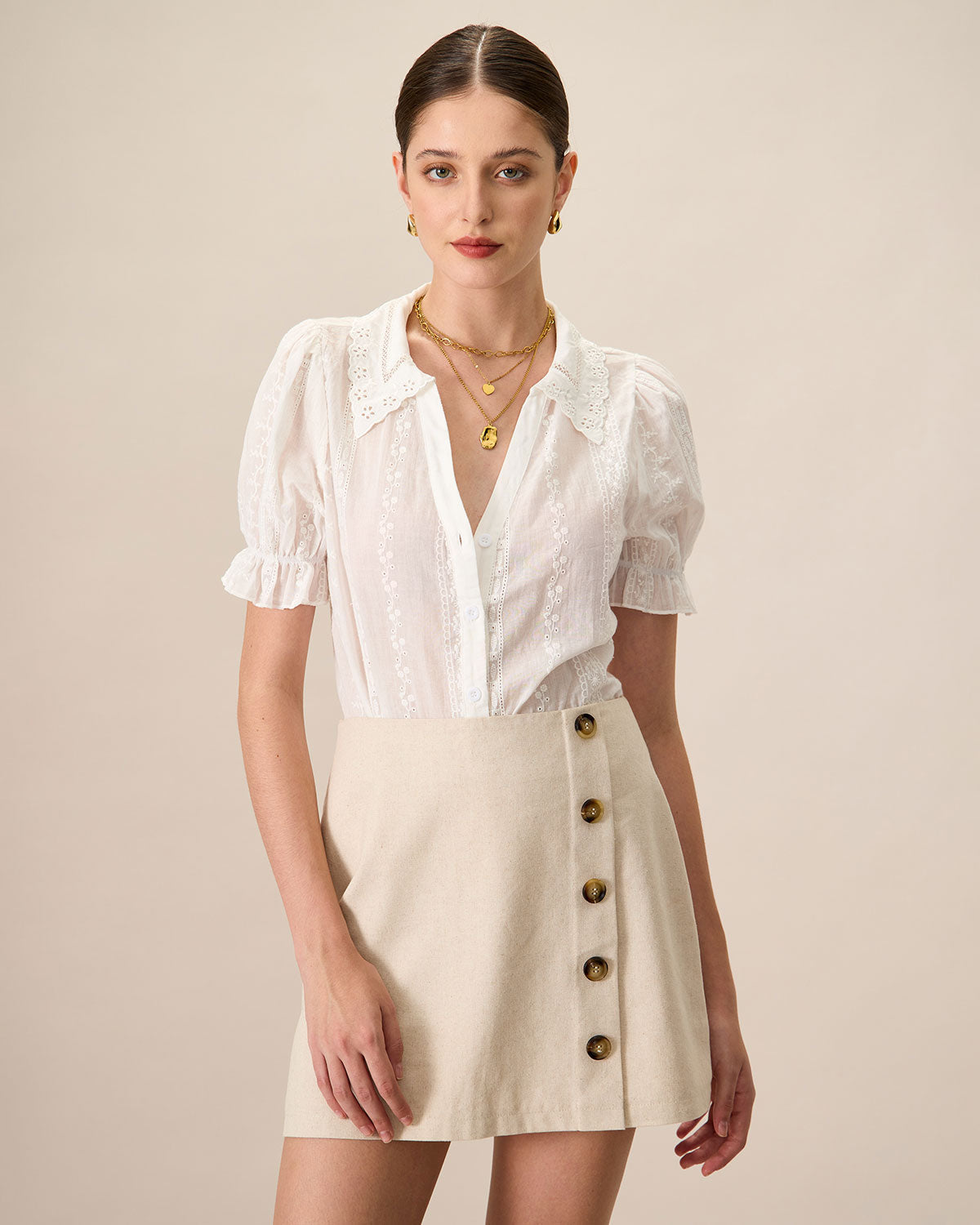 Women's White Cotton Blouse with Lace Embroidery and Collared Design