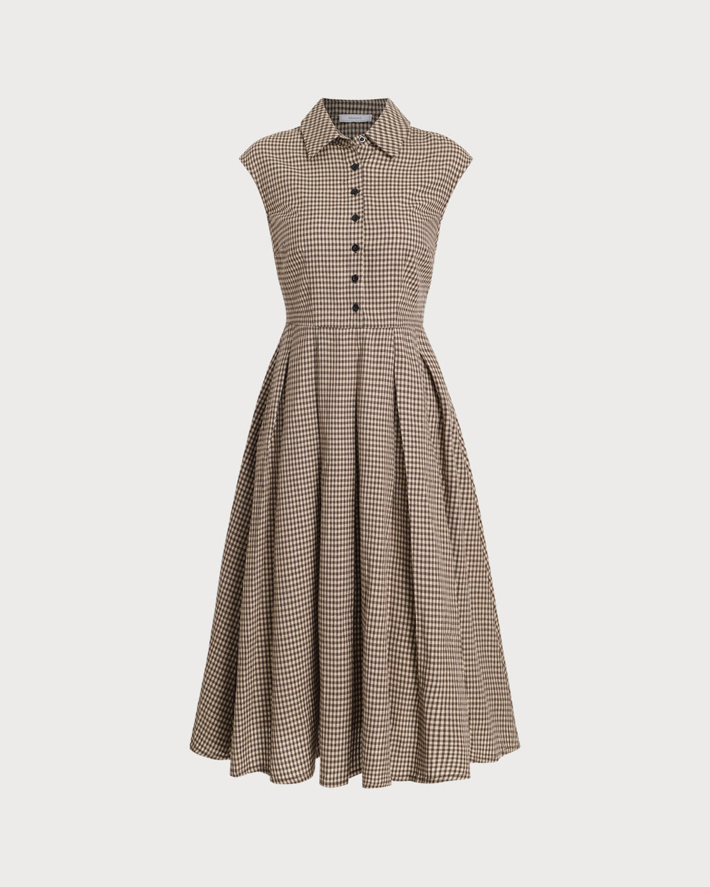 Brown Plaid Midi Dress with Button Details and Pleated Design