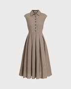 Brown Plaid Midi Dress with Button Details and Pleated Design