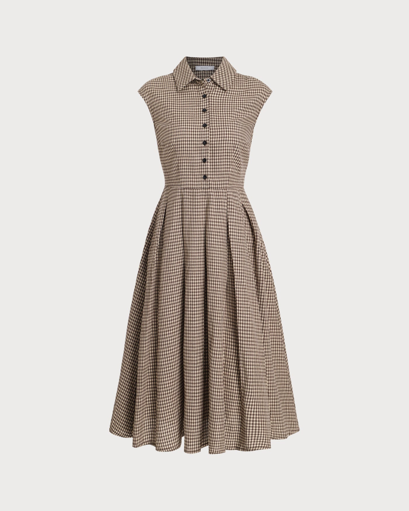 Brown Plaid Midi Dress with Button Details and Pleated Design