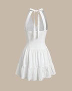 White V-Neck Pleated Backless Mini Dress