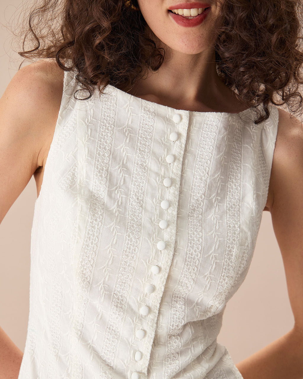 Women's White Jacquard Cotton Mini Dress with Boat Neck