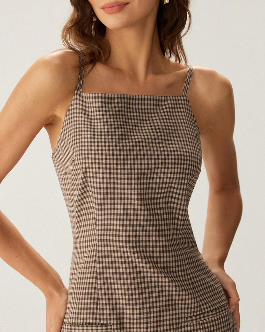 Brown Gingham Mini Slip Dress