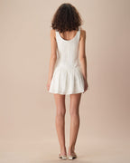 Women's White Jacquard Cotton Mini Dress with Boat Neck