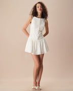 Women's White Jacquard Cotton Mini Dress with Boat Neck