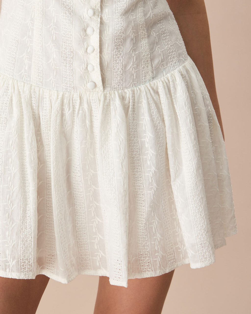 Women's White Jacquard Cotton Mini Dress with Boat Neck
