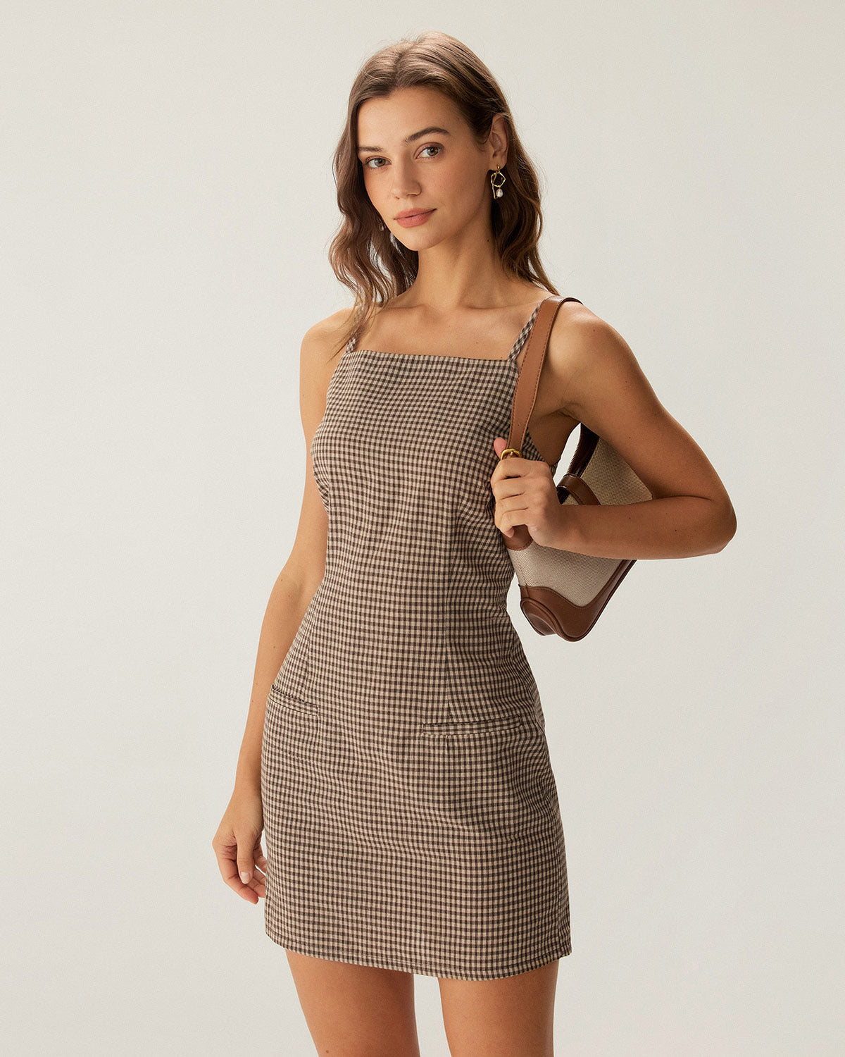 Brown Gingham Mini Slip Dress