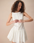 Women's White Jacquard Cotton Mini Dress with Boat Neck