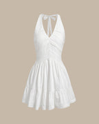 White V-Neck Pleated Backless Mini Dress