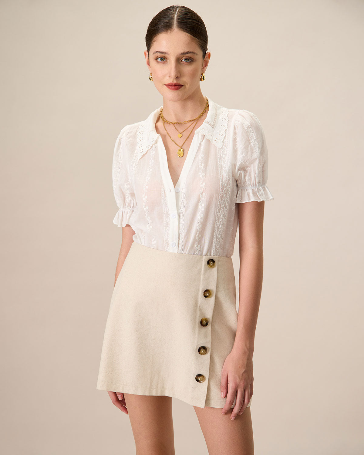 Beige High-Waisted Cotton Mini Skirt for Women