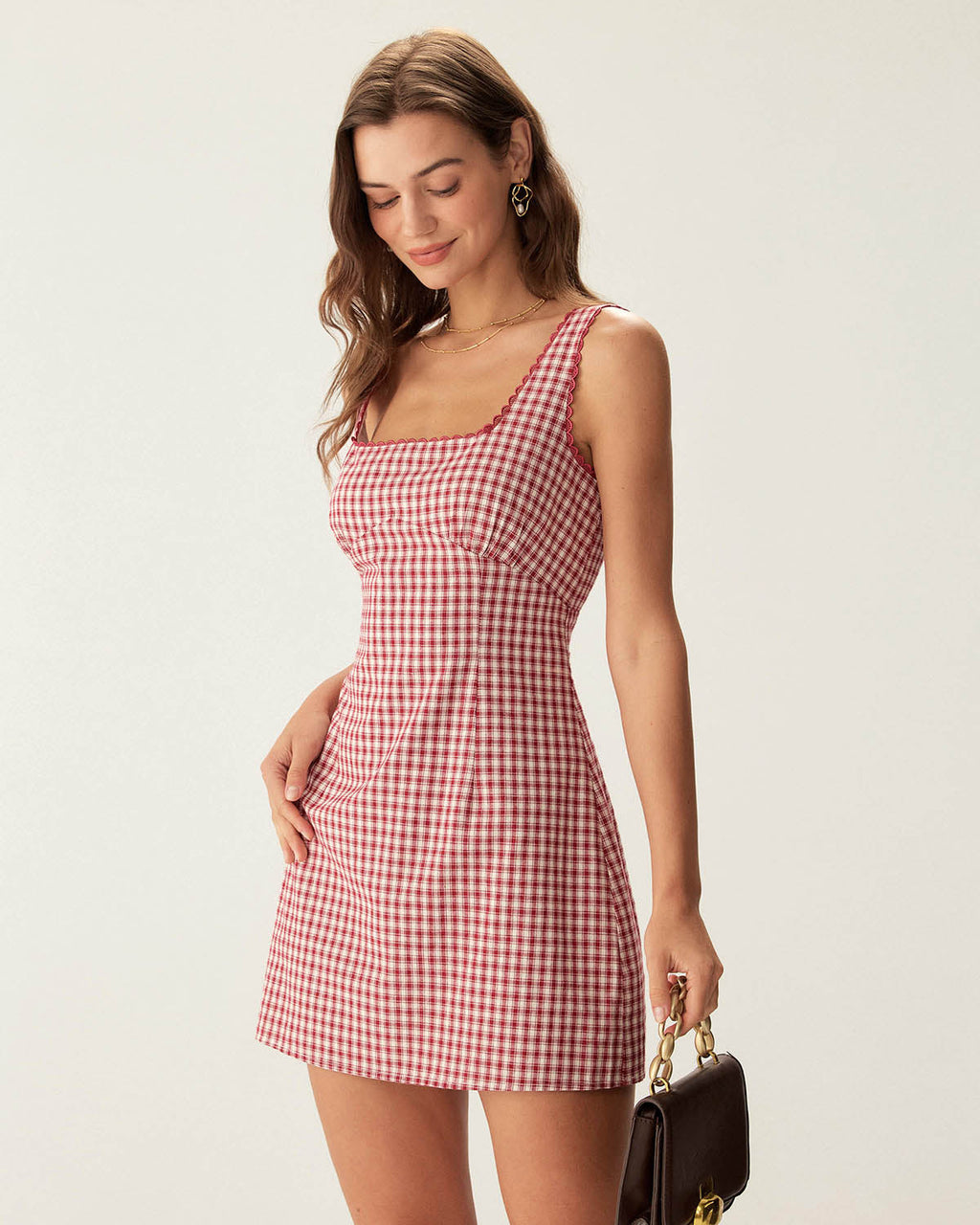 Red Gingham Square Neck Mini Slip Dress