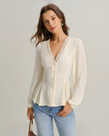 Apricot Lace Blouse with V-Neck and Lantern Sleeves