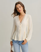 Apricot Lace Blouse with V-Neck and Lantern Sleeves