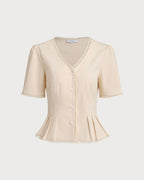 Beige Pleated Button-Up Blouse with V-Neck