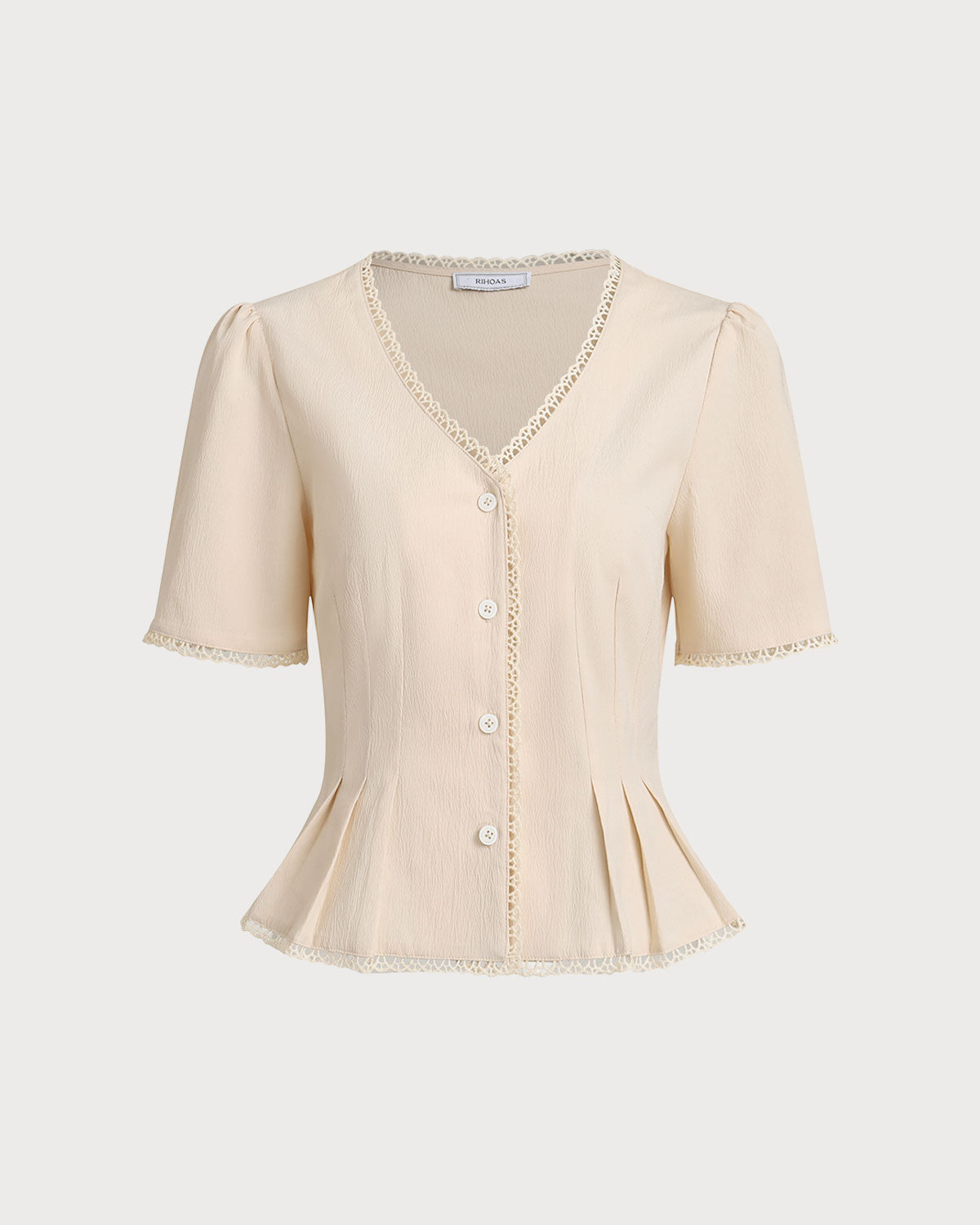 Beige Pleated Button-Up Blouse with V-Neck