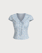V-Neck Blouse with Blue Floral Print